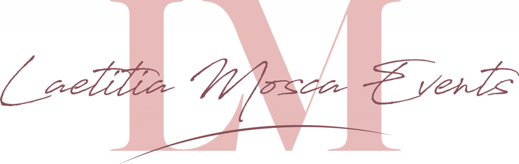 logo initiales LM en fond de couleur rose avec écriture manuscite "Laetitia Mosca events"
